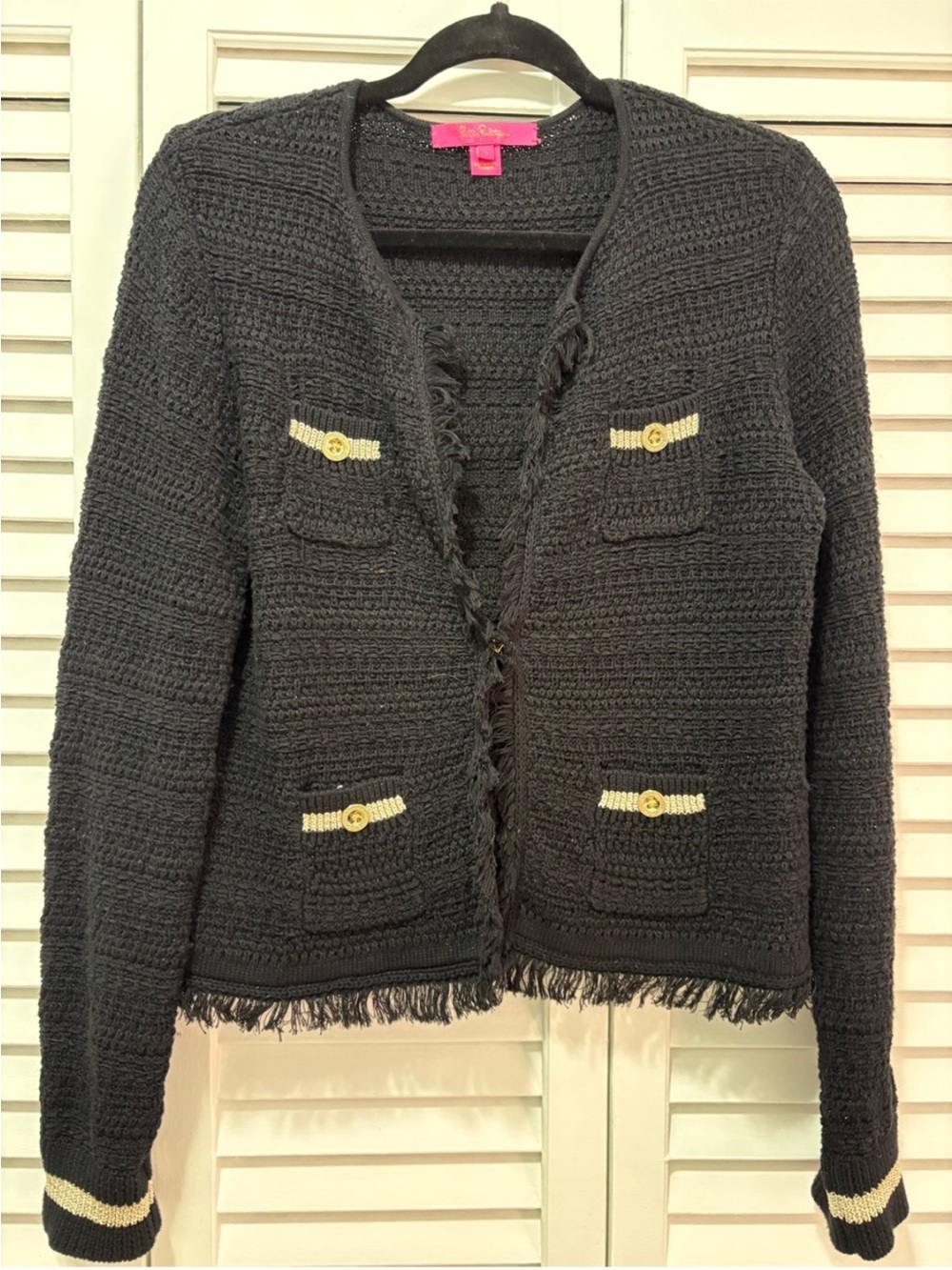 Lilly Pulitzer Black Crochet Fringe Cardigan with Cream Accents and Gold Buttons
